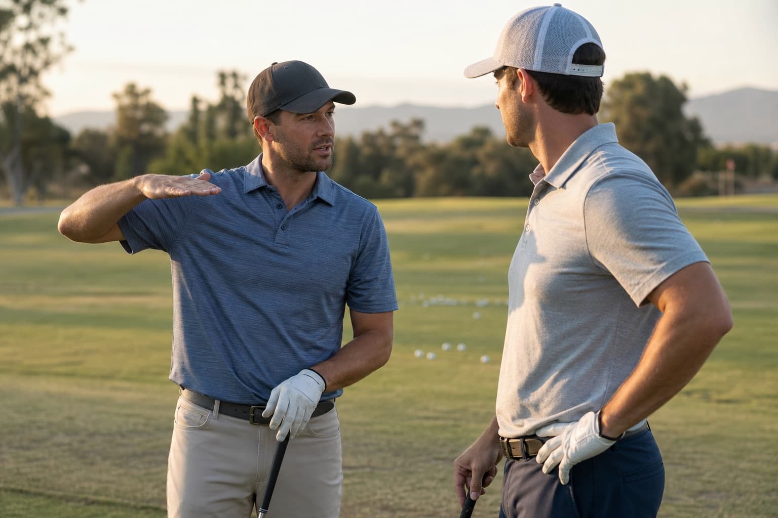 Two golfers talking on the practice tee.