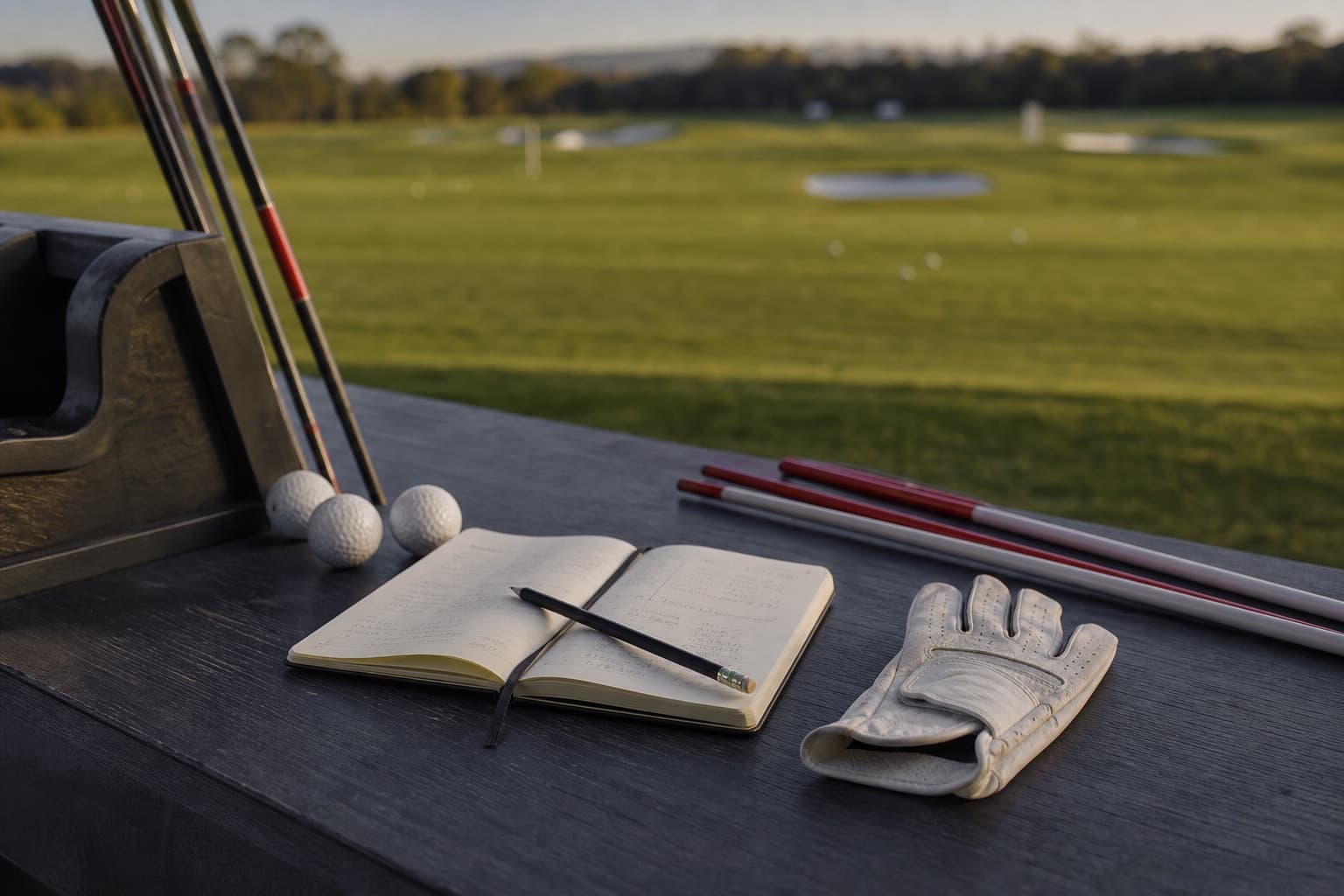 Practice notebook, alignment sticks, glove, and golf balls on a driving range bench.