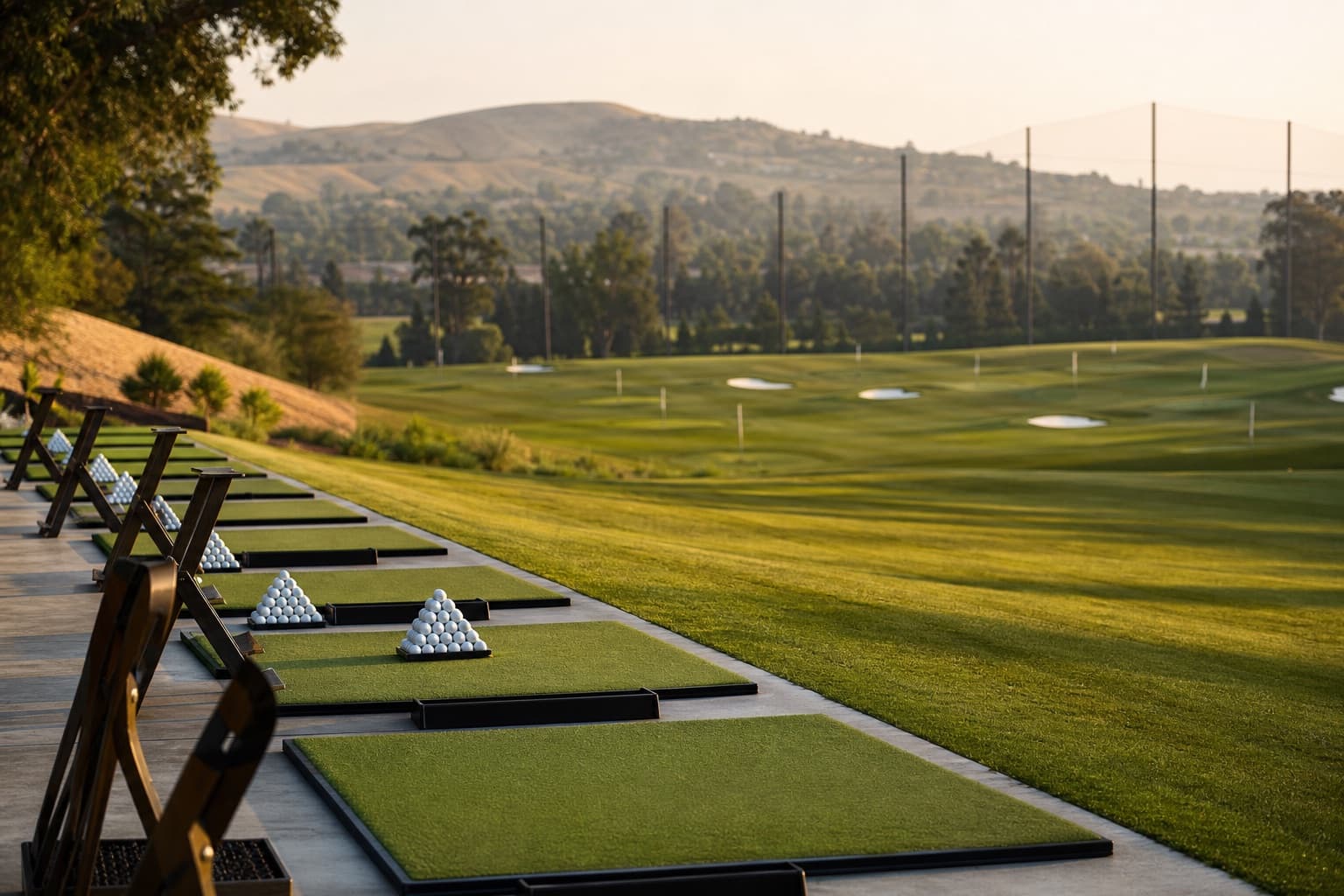 Driving range on a golf course at golden hour, empty stalls and soft focus targets in the distance.