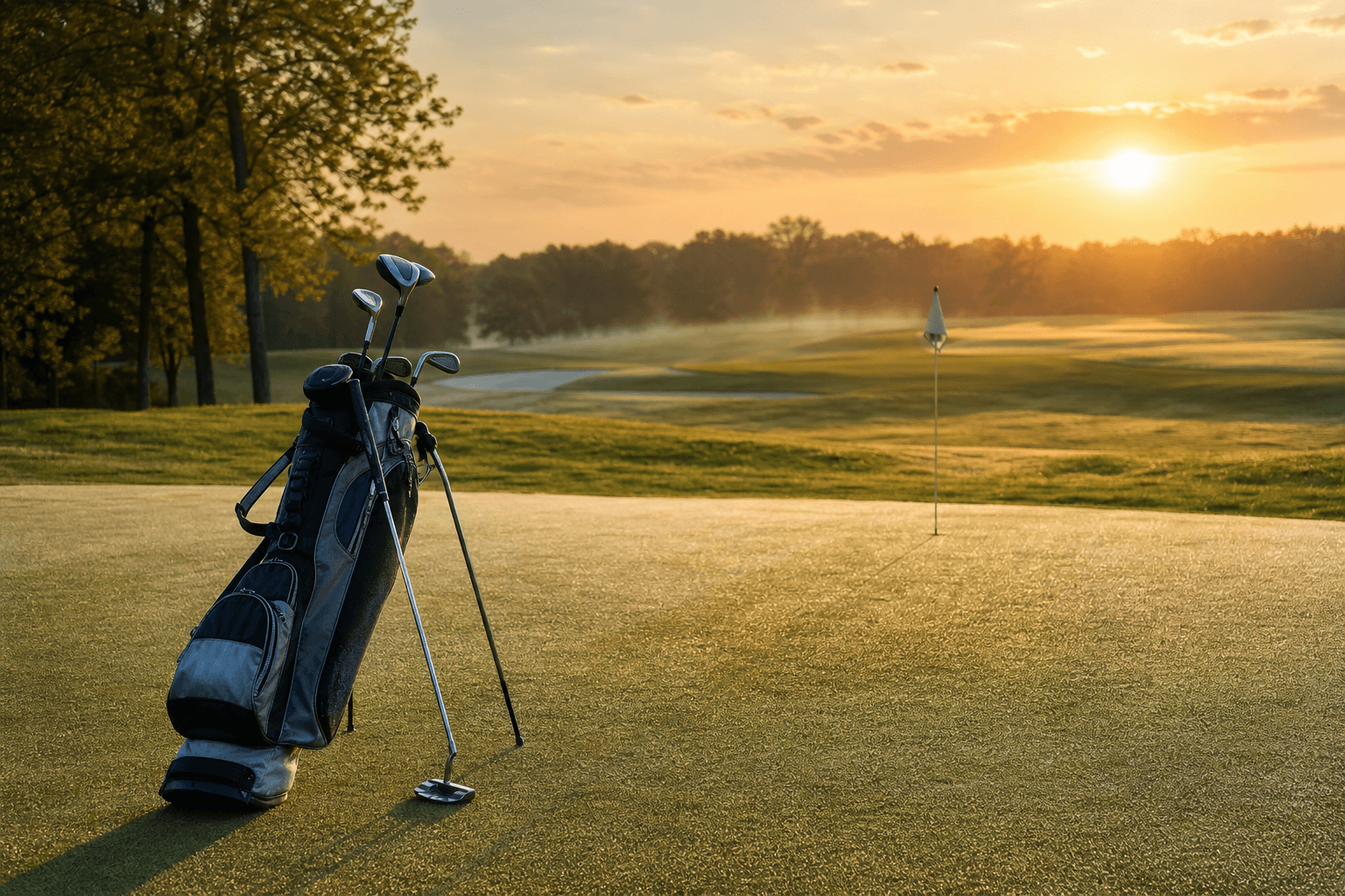 Dew-covered practice green at dawn with golf bag and putter in soft morning light.